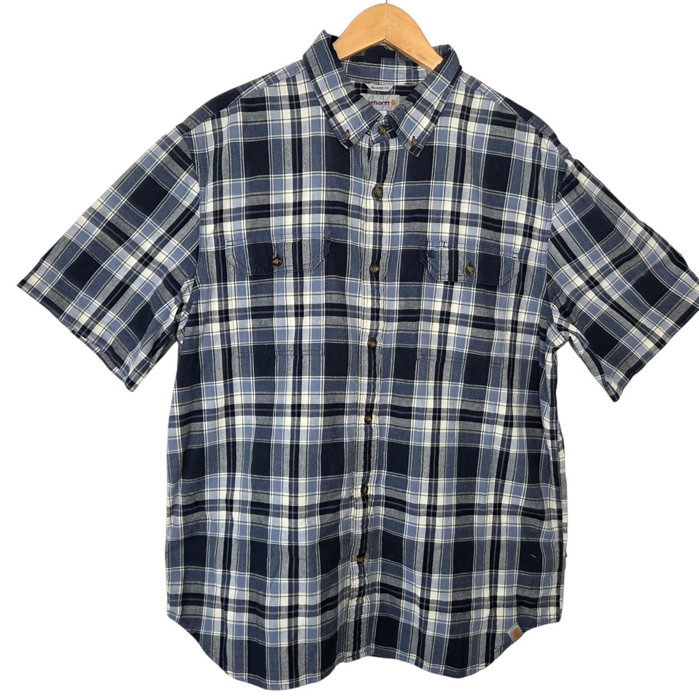 Carhartt Mens Blue Cotton Plaid Relaxed Fit XL Short Sleeve Work Shirt Utility